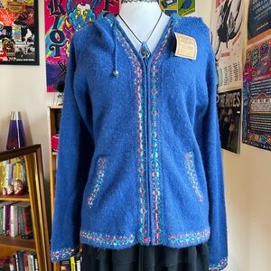 Blue Hooded Women's Jacket with Multicolor Trim